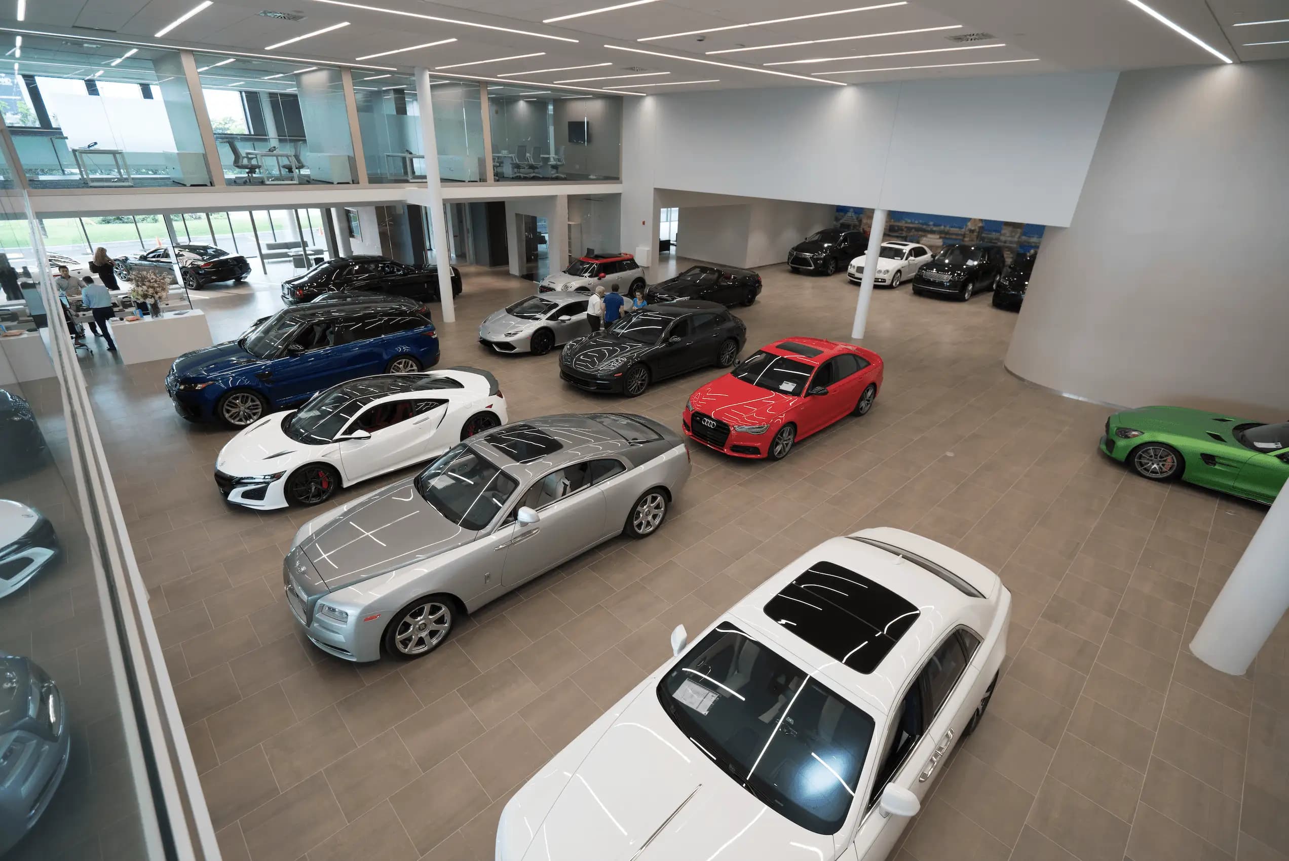 Professional car dealer in showroom